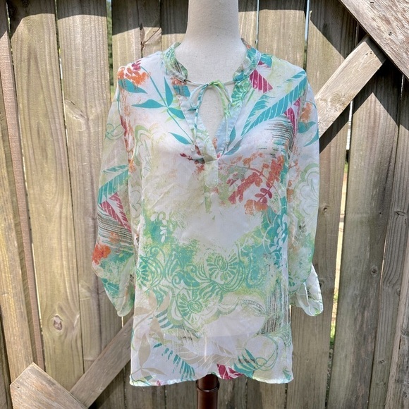 Chicos Botanical Tropical Printed Chiffo Crinkled Loose Fit Semi Sheer Top - Picture 1 of 8